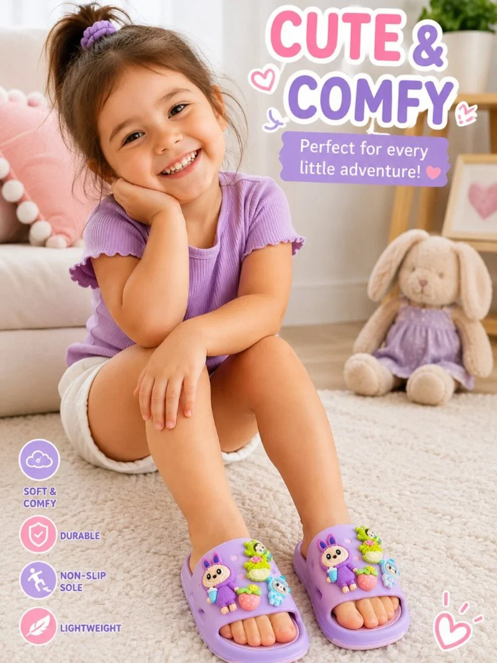 Cute Kids Cartoon Summer Slides Sandals | Kawaii Beach Slippers | Lavender